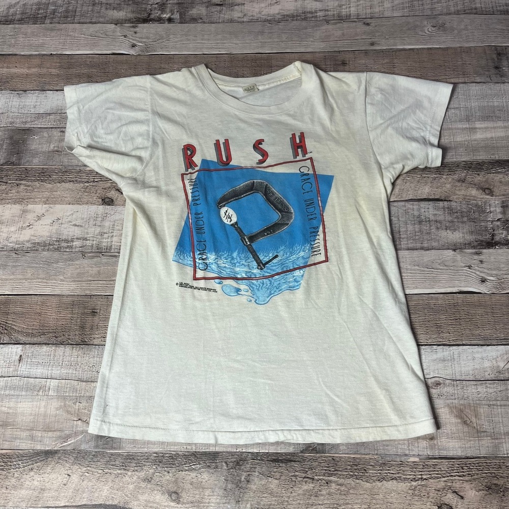 Rush Shirt Women's Medium White Vintage 80s Grace Under Pressure Band Tee
